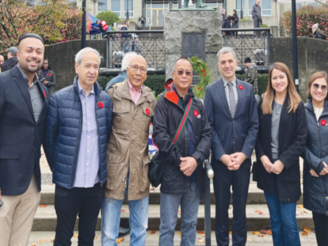 UNSURRENDERED Film Philippine delegation attended the Remembrance Day service in New Westminster. From Left: Lourence Almonte Singh, Mike Cardenas, Filmmaker Lucky Guillermo, Former AFP Chief Gen. Cirilito Sobejana, Mayor Patrick Johnstone, Lita Cabal and Edna Sobejana