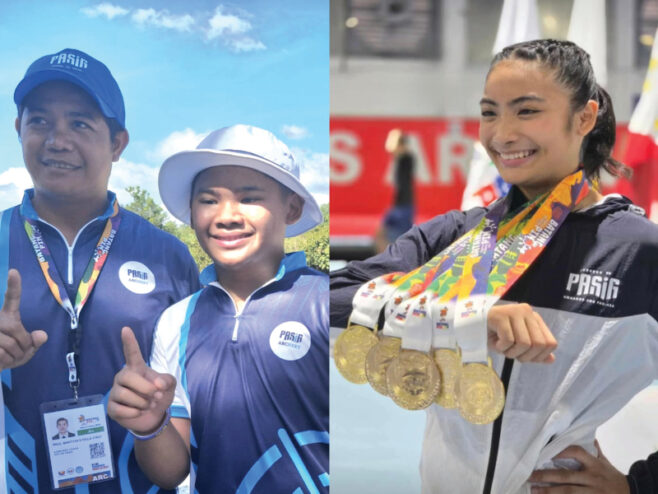 Former Olympian and now Pasig City archery coach Paul Marton Dela Cruz, left with Mariano Matteo Medina pose with No. 1 signs. Haylee Garcia, right, displays her five gold medals in artistic gymnastics. (Haylee Garcia)