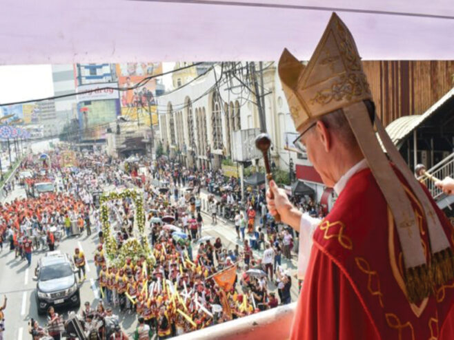 Archbishop Charles Brown, apostolic nuncio to the Philippines, leads the blessing of replicas of the Black Nazarene outside Quiapo Church in Manila on Jan. 2, 2025. (Quiapo Church via Facebook)